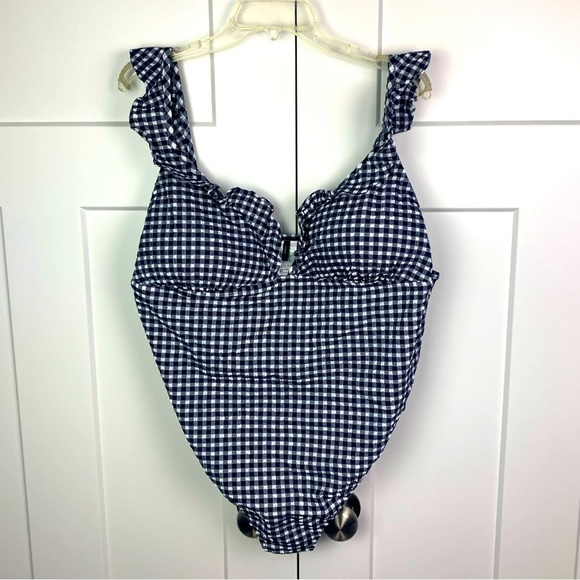 NWT J. Crew  Ruffle V-Neck One Piece Swimsuit Size 22 3XL Navy White Gingham - Picture 1 of 7